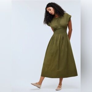 Madewell NWT Smocked-Waist Midi Dress in Stripe Seersucker in desert olive